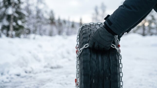 Person installing snow tire chains on a vehicle tire in winter for safe driving in snowy conditions