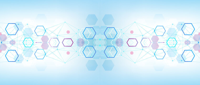 Digital background with geometric hexagonal pattern lines connecting abstract nodes for modern technological data science concepts