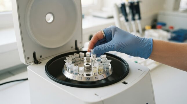 Scientist loading microtubes into a laboratory centrifuge for medical testing and research