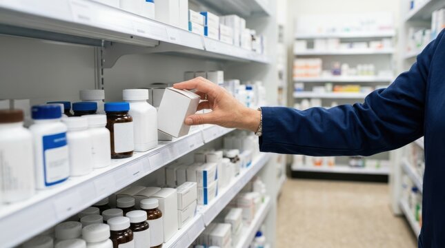 Pharmacist woman picking medicine box from pharmacy shelf in retail store