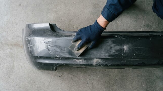 A mechanic sanding a car bumper with sandpaper in an auto repair shop for body work and scratch removal