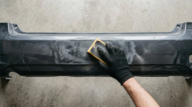 Mechanic sanding car bumper with a sponge for repair and painting in an auto body shop