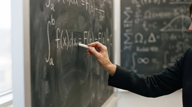 Female math teacher writing calculus integral formulas on a blackboard in a bright classroom
