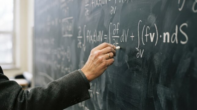 Professor writing mathematical equations on a chalkboard in a classroom representing physics and calculus concepts