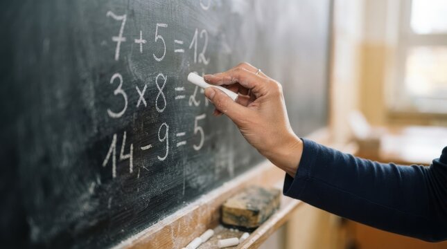 Female teacher writing math equations with chalk on a blackboard in a classroom