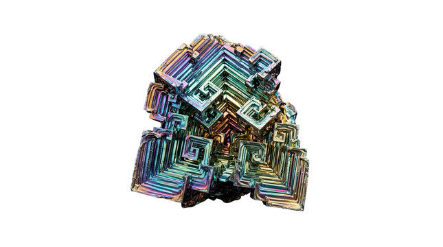 Iridescent bismuth crystal structure with geometric patterns on a transparent background for abstract design