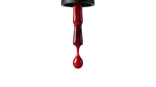 Red nail polish drop with glossy finish on a black background for beauty product advertisement