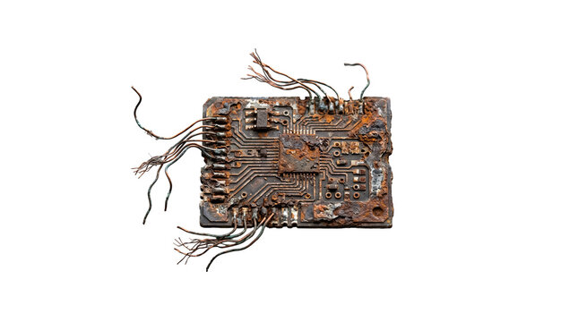 Rusty and corroded electronic circuit board on a transparent background for technology decay illustration