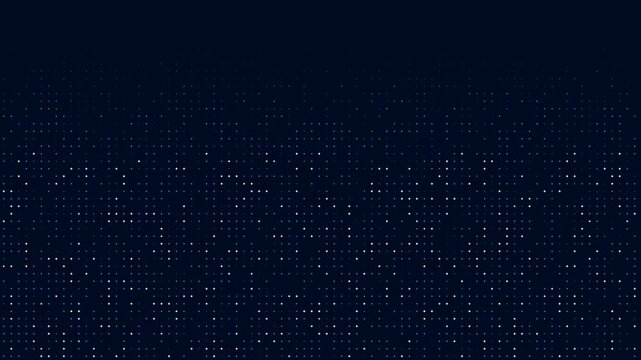 An abstract digital background features a dark blue gradient field adorned with a dynamic array of glowing blue square pixels. These vibrant data points create a modern, futuristic grid pattern that.