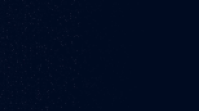An abstract digital background features a dark blue gradient field adorned with a dynamic array of glowing blue square pixels. These vibrant data points create a modern, futuristic grid pattern that.
