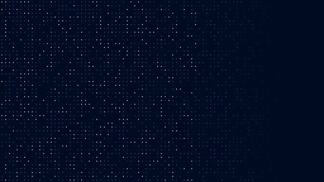 An abstract digital background features a dark blue gradient field adorned with a dynamic array of glowing blue square pixels. These vibrant data points create a modern, futuristic grid pattern that.