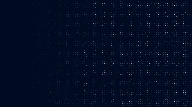An abstract digital background features a dark blue gradient field adorned with a dynamic array of glowing blue square pixels. These vibrant data points create a modern, futuristic grid pattern that.