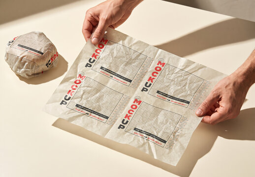 Hands Opening Burger Food Wrapping Paper Branding Mockup