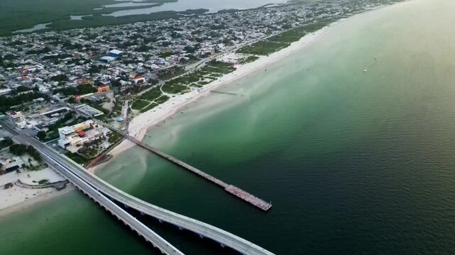 Aerial view of Progreso beach and pier in Yucatan Mexico