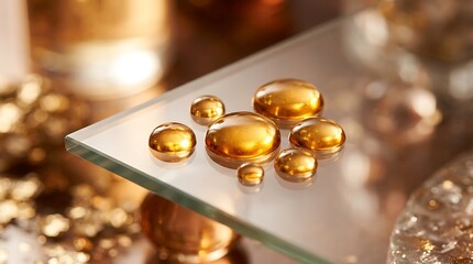 Obraz premium Macro shot of glowing golden liquid skincare serum oil drops texture