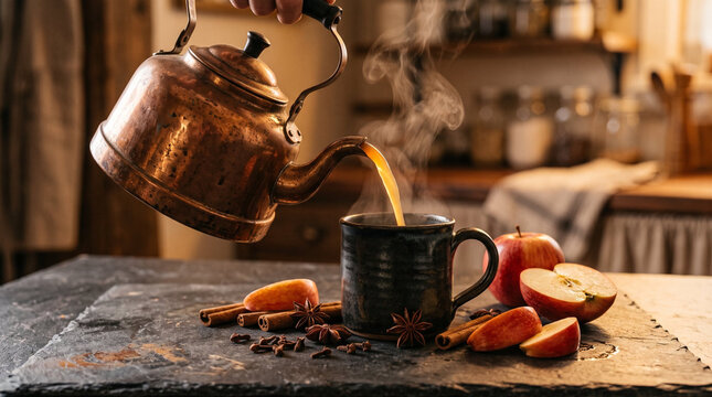 Pouring hot spiced apple cider from vintage copper kettle into mug with cinnamon sticks against cozy kitchen backdrop