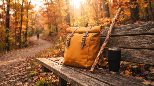 Yellow canvas backpack and black travel mug on rustic wooden bench along scenic autumn forest hiking trail