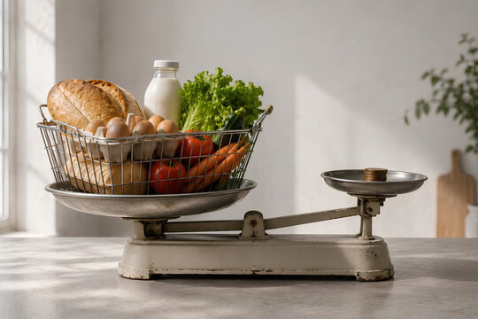 Basic Grocery Basket Outweighing Coins on Balance Scale, Conceptual Still Life of Food Inflation, Affordability and Rising Cost of Living