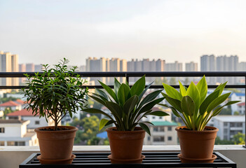 Fototapeta premium Three potted green plants on a balcony with a city skyline in the background, Urban gardening and home decor