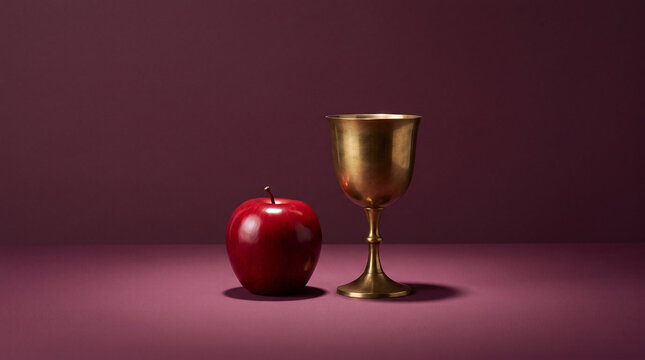 Red apple and vintage brass chalice in deep burgundy tones against minimalist plum studio background with copy space