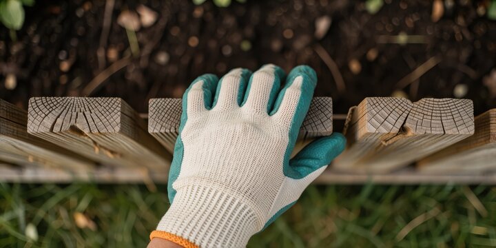 Gardener wearing protective gloves touching wooden fence in garden bed close up, conceptual stock photo for horticulture and landscaping projects