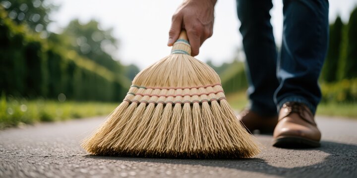 Person sweeping asphalt pathway with straw broom outdoors, closeup of hands and tool for cleaning and maintenance concept