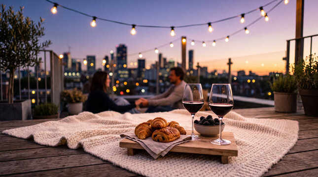 Romantic rooftop picnic with red wine and pastries on knitted blanket under glowing string lights against sunset city skyline backdrop