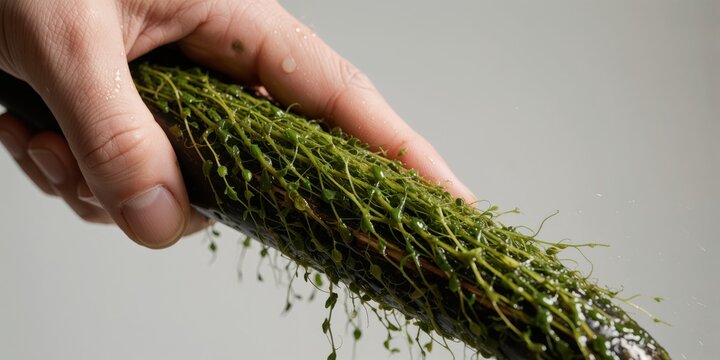 Aquarium plant Utricularia graminifolia being washed by hand for freshwater tank scaping