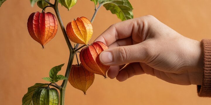 Human hand picking a ripe Chinese lantern plant with vibrant orange and red calyxes representing autumn harvest and botanical gardening themes