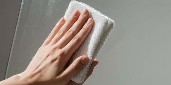 Young woman cleaning a glass mirror with a white specialized microfiber cloth in a modern bathroom interior concept