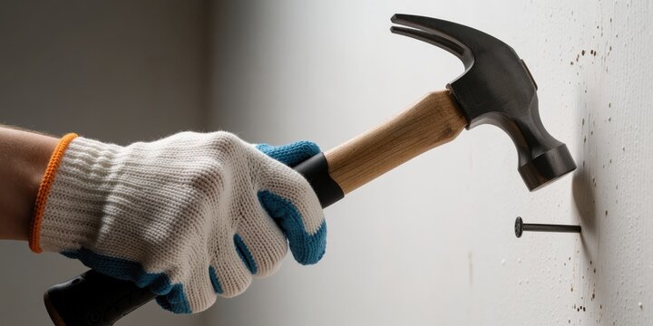 Gloved hand hammering a nail into the wall close up, concept of construction, home improvement, renovation, and DIY repair work by a worker