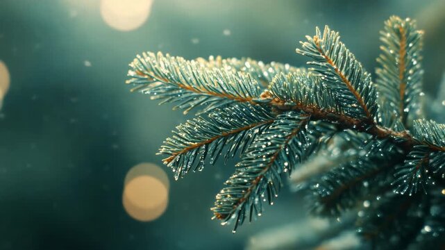 A close-up of a branch from a real pine tree covered in dew droplets, set against a softly blurred background filled with twinkling lights, evoking a festive atmosphere.