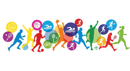 Fototapeta premium Colorful Dynamic Silhouette Collection Featuring Various Sports and Athletic Activity Icons for Fitness and Healthy Lifestyle Design Concepts