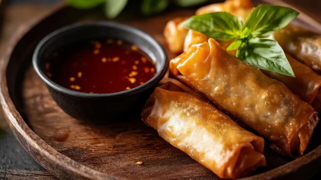 A wooden serving board with several golden fried spring rolls, accompanied by a small black bowl filled with dipping sauce and garnished with a basil leaf. The setting suggests an Asian cuisine theme.