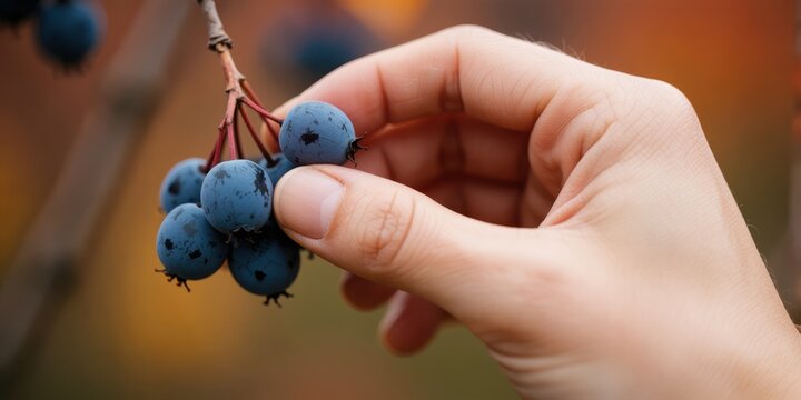 Woman picking dark blue serviceberries from a tree branch in autumn, representing foraging, harvesting, and seasonal nature concepts