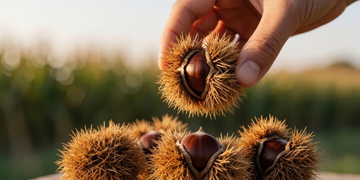 Close up of a hand holding a freshly harvested sweet chestnut in its spiky green burr during autumn harvest