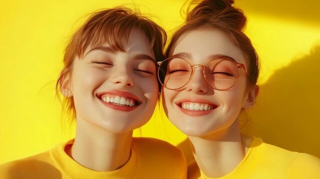 Two smiling women in yellow clothes. Bright yellow background behind them. Warm sunlight casts soft shadows. Close-up shot, friendly and cheerful. Perfect for lifestyle, travel, or fashion content