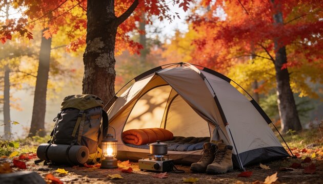 Autumn Adventure Gear Beside Mountain Lake with Trekking Backpack Hiking Boots Binoculars Camera Thermos and Poles, Vibrant Orange Forest Reflected in Water, Photorealistic Outdoor Scene