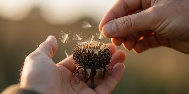 Hands holding a dried flower head releasing seeds in nature, representing new beginnings, fragility, and hope, symbolizing letting go and natural cycles of life