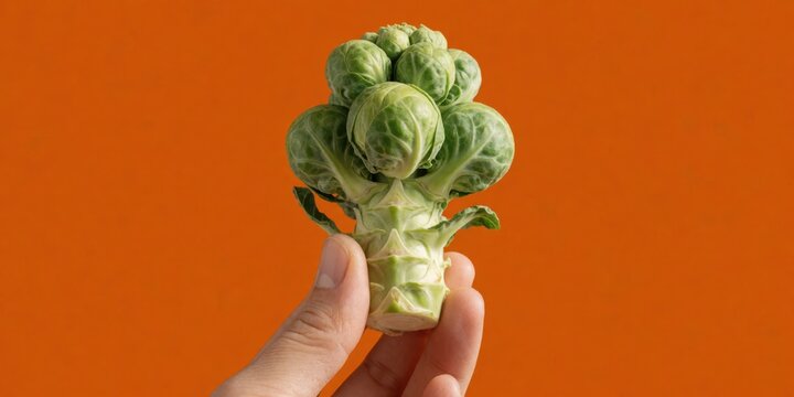 Brussels sprout stalk held in hand against orange background representing organic farming and healthy eating