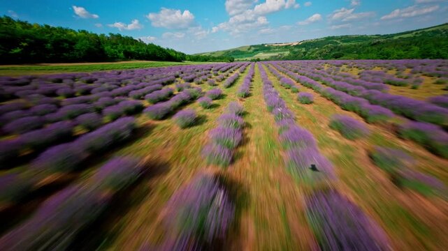 FPV aerial view of lavender field in full bloom with rows of purple flowers stretching across the rolling hills of Fruska Gora, Serbia.