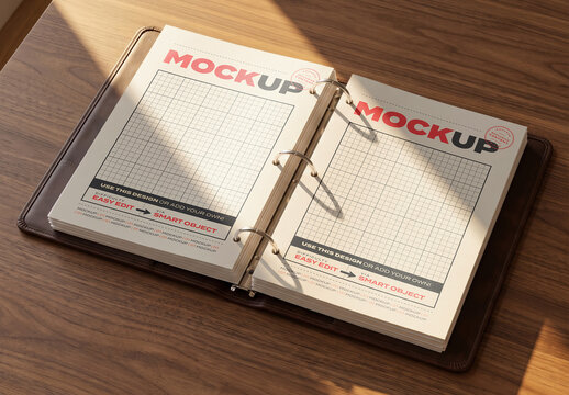 Open Luxury Ring Binder on Wooden Table Pages Mockup
