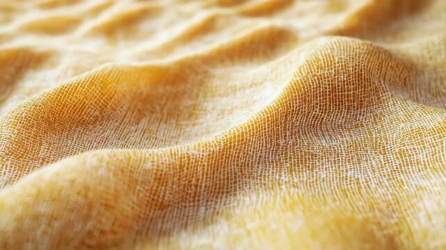 Cloth with yellow and orange tones displaying a rough texture and irregular patterns. Close-up shot.