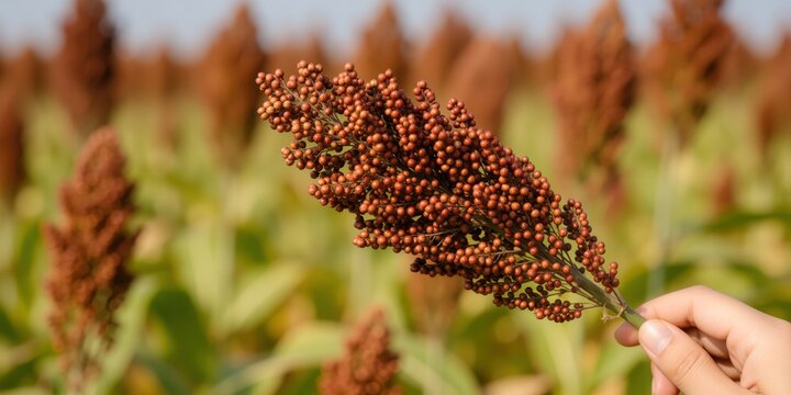 A person holding a mature red sorghum panicle in a cultivated farm field representing autumn harvest and agriculture