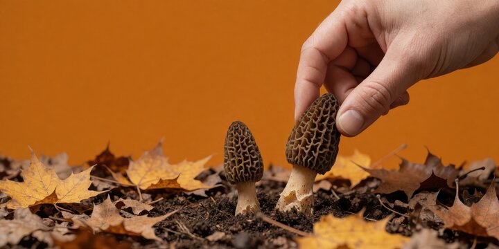 Person picking morel mushrooms in autumn forest with dried leaves on ground representing foraging and harvesting