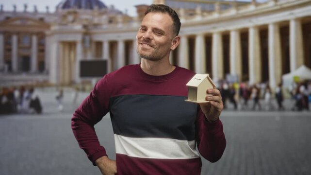 Man holding a miniature house, right hand showing ok sign in front of building colonnade with a crowd in the plaza; confidence success.