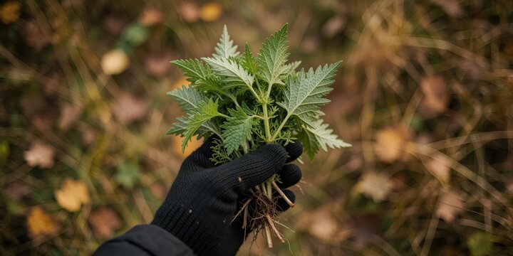 A person wearing protective black gloves harvesting stinging nettle plants with roots outdoors in autumn nature for herbal medicine and wild foraging