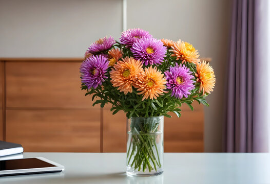 Colorful aster flower bouquet in a clear glass vase on a modern white table with a wooden background, the vase sits on a clean white table, with a warm wooden cabinet and a soft purple curtain