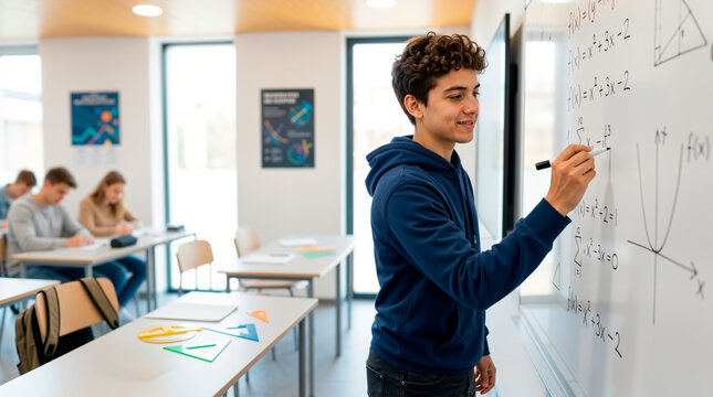 Young male student writing math equations on a whiteboard in a classroom. Happy teenage boy solving algebra formulas during a high school lesson. STEM education concept