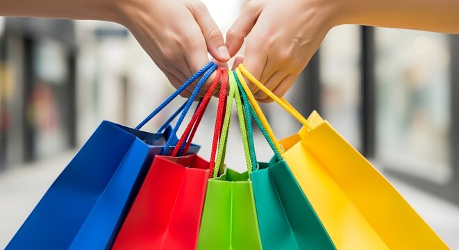 Hands Holding Colorful Shopping Bags in Bright Indoor Environment